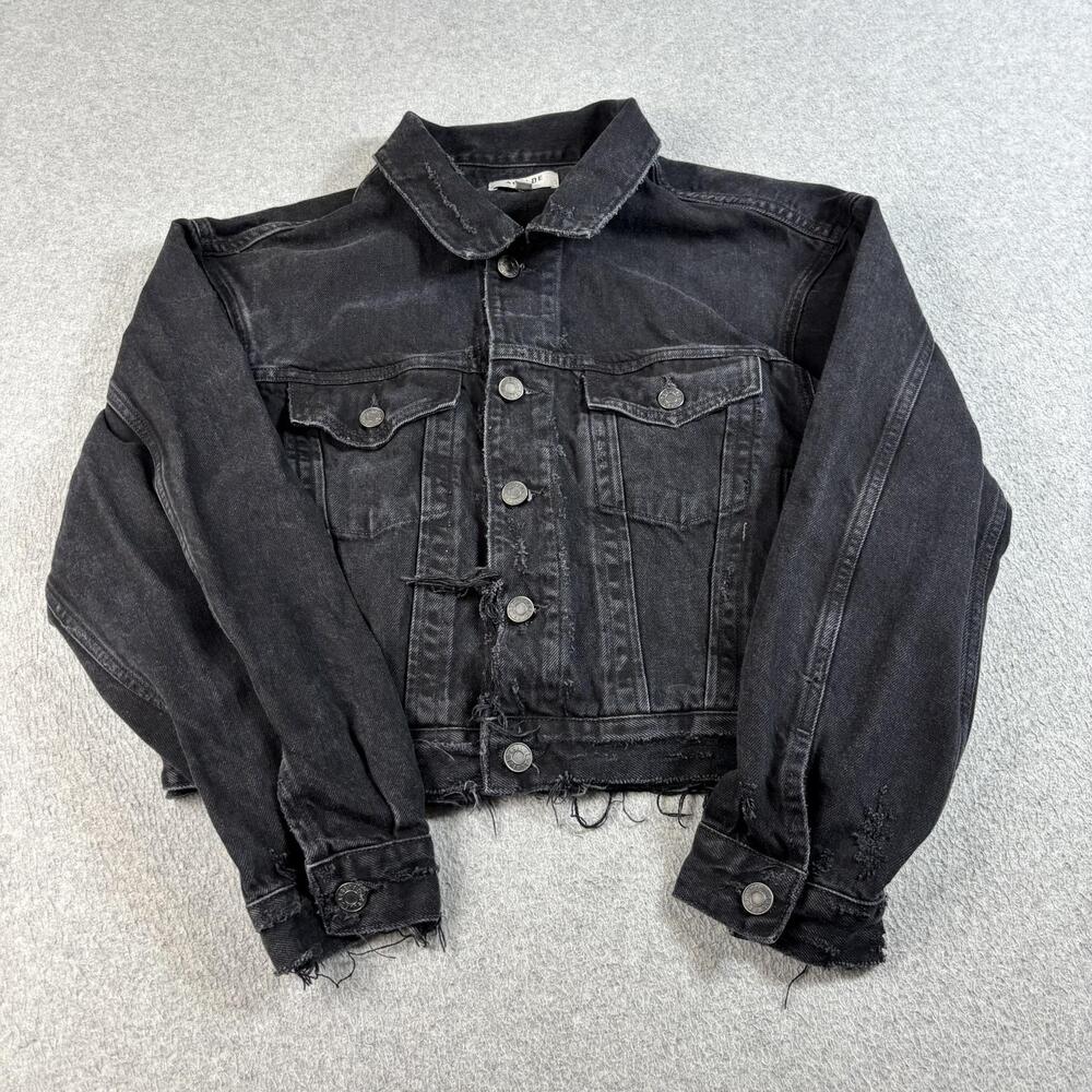 AGOLDE Denim Jacket Women Small Black Shrunken Charlie Distressed Thrash Organic